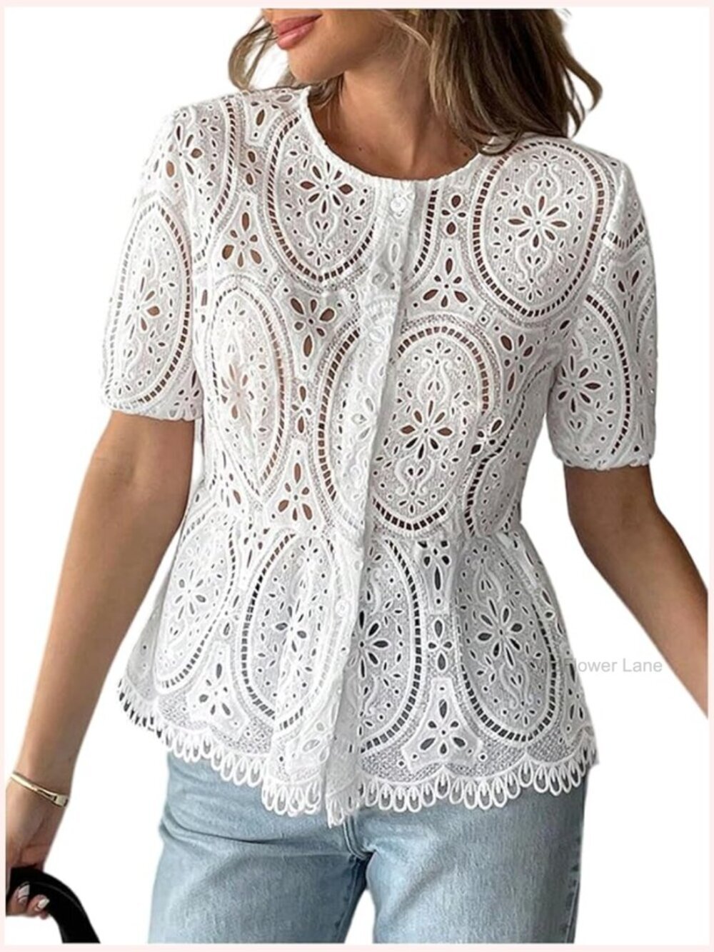 Eyelet Lace Babydoll Button Up Blouse Short Sleeve Peplum Top